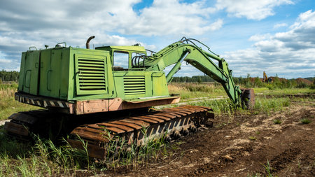 green excavator, green grass in the swamp on a very sunny day. Rusty chains and cup.の写真素材