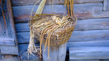 old-time straw-woven toys, home-made handicrafts. for performing rituals. put together a wicker basket.の写真素材
