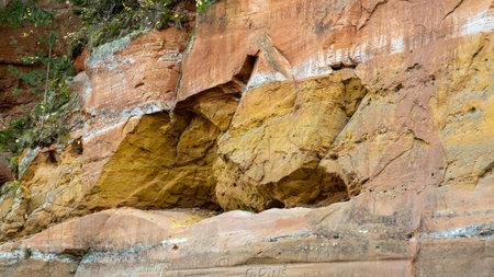 Sandy rock wall on the banks of the River Gauja. Gauja national park, Latvia.