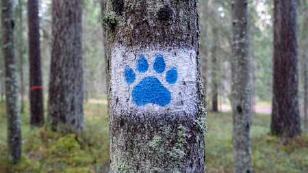 Designation of the tourist trail. A blue animal paw print on a white background.の写真素材