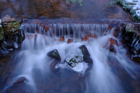 A small waterfall shot with a long exposure in a winter landscape. Very late evening, twilight.