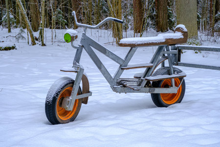 A large bicycle nature park in winter. Attraction element for park visitors, Skanaiskalns nature park, Mazsalaca.の写真素材