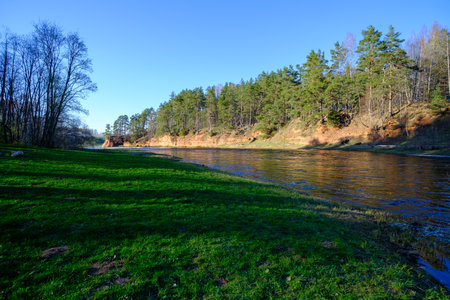 The red banks of sandstone. Salaca River, Red Cliffs, Latvia.の写真素材