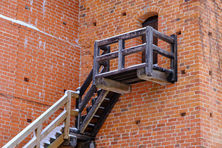 Turaida Castle wall with a fragment of wooden stairs.のeditorial素材