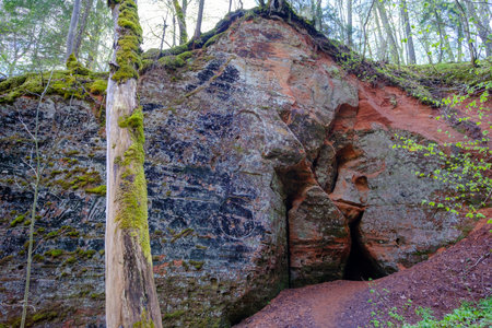 Red sand cliffs Sigulda, Latvia. Gaujas national park.の写真素材