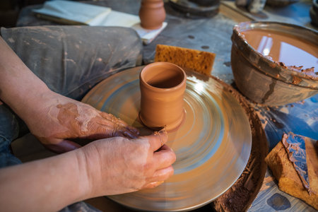 ceramics, workshop, ceramic art concept - close-up of man's hands forming a new vessel, man's fingers working with potter's wheel and raw edge, frontal close-upの写真素材