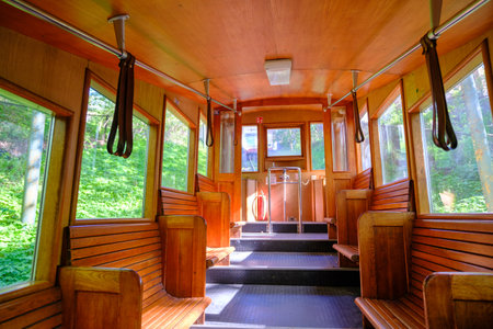KAUNA, LITHUANIA - MAY 5 2023: Zaliakalnis funicular. The inside of a wagon in Kaunas, Lithuaniaのeditorial素材