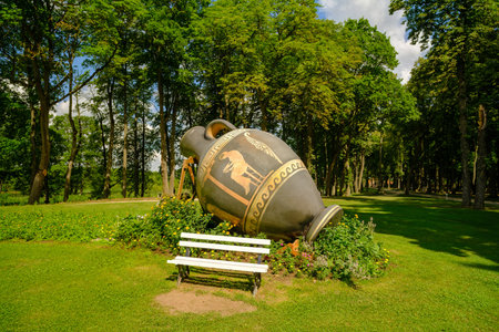 Pakruojis, Lithuania. July 7, 2023: Flower festival in Pakruojis manor. Sculptures and flower installations in the manor parkのeditorial素材