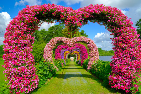 Pakruojis, Lithuania - July 7, 2023: Pakruojis manor flower installation in the shape of a heart. Multicolored petunia flowers Baltic States, Europe.のeditorial素材