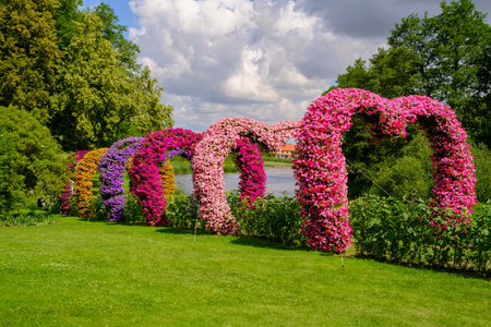 Pakruojis, Lithuania - July 7, 2023: Pakruojis manor flower installation in the shape of a heart. Multicolored petunia flowers Baltic States, Europe.のeditorial素材