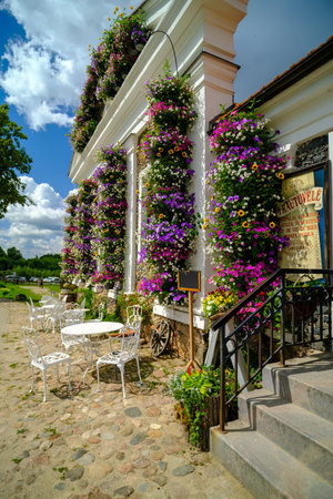 Pakruojis, Lithuania. July 7 , 2023: Old style garden furniture near a small restaurant. Walls with beautiful multi-colored plantsのeditorial素材
