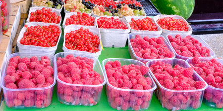 Close up of berries for sale at a farmer's market. Different types of berries put in plastic containers.の写真素材