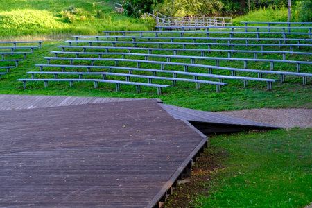 A small outdoor stage made of wooden boards. Latvia, Dikli.の写真素材