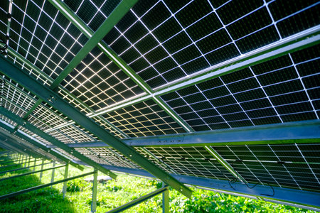 Solar panel with nano coating. Renewable energy from the sun, green energy, concept Generate energy. View of the panels from the other side. Metal constructionsの写真素材