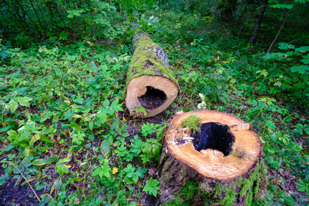 A felled tree trunk with an empty middle. Sanitary forest clearing.の写真素材