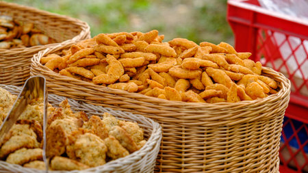 Homemade cheese cookies in a wicker basket. Baked cheesecakes in a large basket at the Home Producers Market.の写真素材