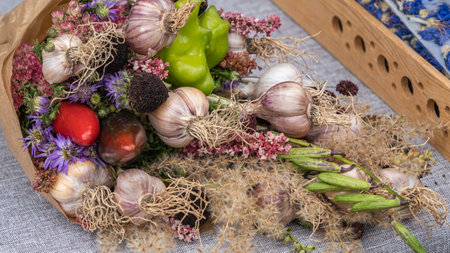 A beautiful bouquet consisting of pepper, garlic. a healthy gift. eco.の写真素材