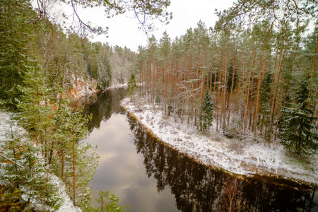 The river Salaca is meandered by high sandstone cliffs. Skanaiskalns nature park. November is the...