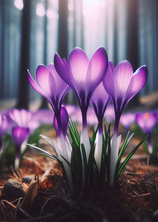 close-up of purple crocuses, against a blurred forest background in spring.の素材