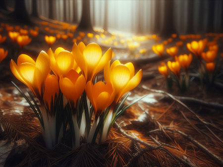 close-up of yellow crocuses, against a blurred forest background in spring.の素材