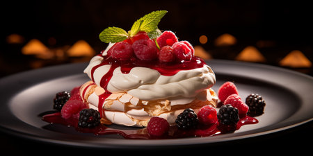 Pavlova cake with raspberries and blackberries on a dark backgroundの素材