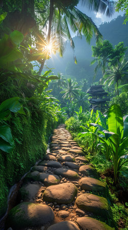 Green tropical garden with a path. Bali island.の素材