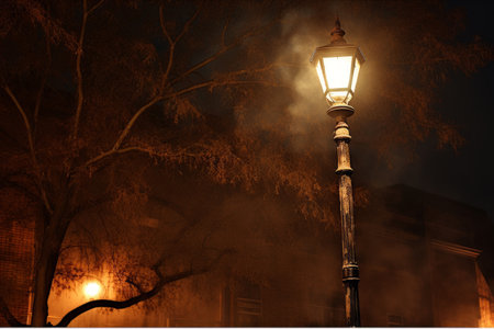 Illuminated Cityscape with Street Lamp Casting a Soft Glow on Quiet Night Streetの素材