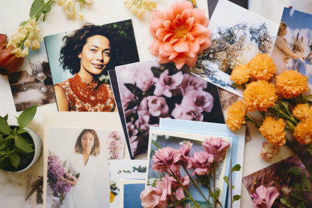 This image shows a collection of photographs spread out, capturing the vibrant flowers and a joyful woman among various floral arrangements.の素材