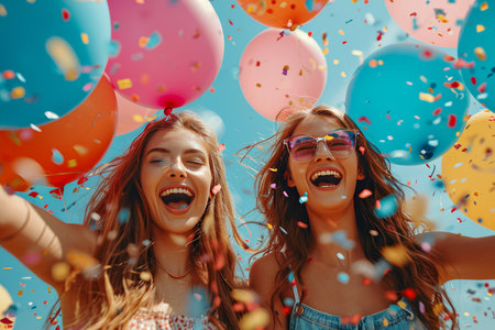 Two young girls in a marvelous celebration, immersed in a sea of colorful balloons and confetti.の素材