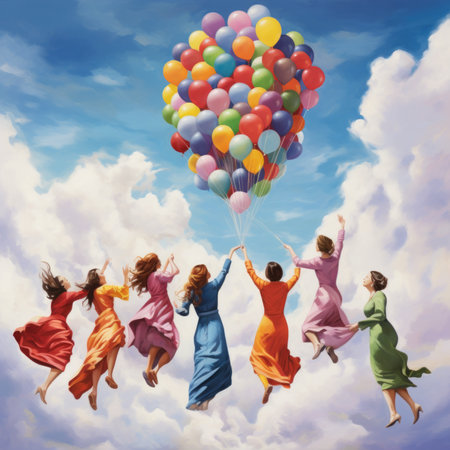 A group of women joyfully soar through the sky while gripping a colorful bunch of balloons.の素材
