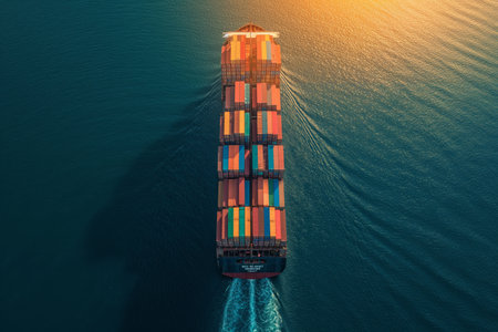 A massive container ship makes its way through the open sea.の素材