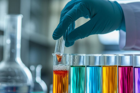 A person in a lab coat holds a beaker filled with vibrant colored liquid.の素材