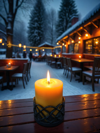 A single lit candle casts a warm glow on the wooden table, creating a cozy and inviting atmosphere.の素材