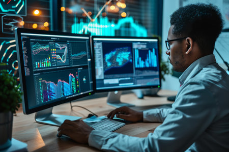 A man focuses intently as he sits in front of two computer monitors, engaged in his work.の素材