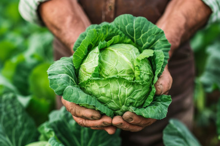 A man holding a large head of cabbage in his hands, showing the fresh produce he has harvested.の素材