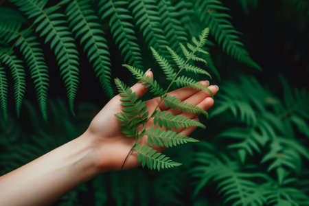 A persons hand delicately holds a green and vibrant fern leaf, showing the intricate details and textures.の素材