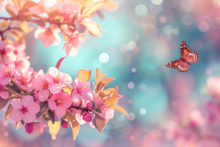 A vibrant butterfly gracefully flies above a cluster of pink flowers on a sturdy branch.の素材