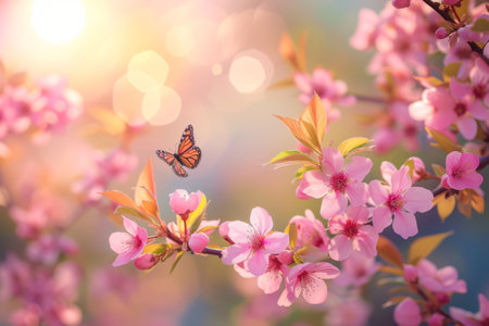 A butterfly gracefully flies over a variety of vibrant flowers in a garden.の素材