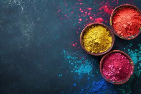 Three bowls filled with vibrant powders of various colors arranged side by side.の素材