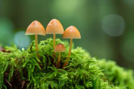 A cluster of mushrooms sits atop a lush forest floor covered in vibrant green moss.の素材