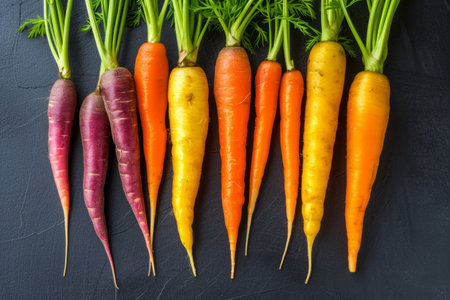 A collection of carrots neatly placed next to each other on a table.の素材