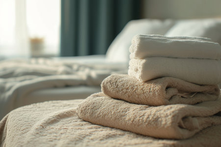 A cozy bedroom with clean towels on the bed in soft morning lightの素材