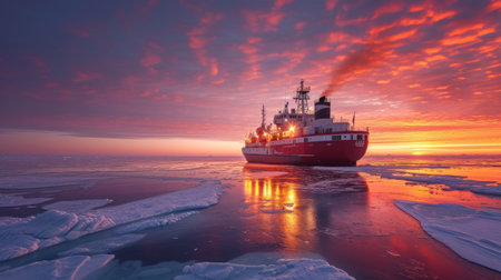 A ship amidst icy waters under a breathtakingly colorful sunset skyの素材