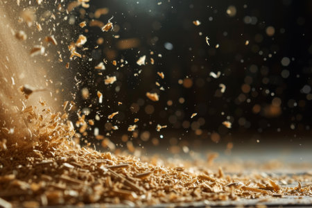 A close-up of wood shavings flying in the air with a dark backgroundの素材