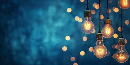 Glowing bulbs hanging against a bokeh blue background, illuminating the darkの素材