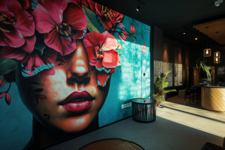 A modern interior with a vibrant floral mural and contemporary furniture under elegant lightingの素材