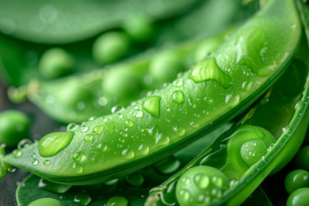 Fresh green peas with water droplets, both inside and outside of their pods, in a close-up viewの素材