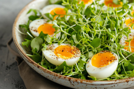 A vibrant, appetizing salad with boiled eggs and fresh greens on a rustic plateの素材