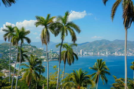 A picturesque coastal cityscape nestled amidst lush greenery and serene waters under a clear skyの素材