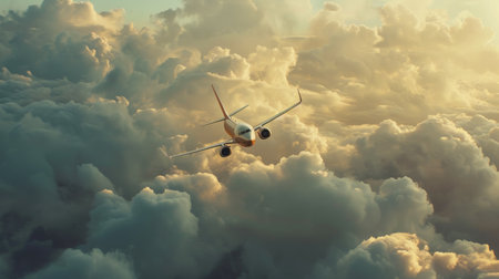 An airplane soars through a sky filled with clouds, illuminated by a golden sunsetの素材